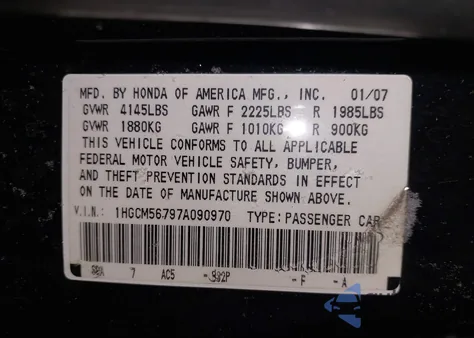 2007 Honda Accord 2.4 Ex z USA, uszkodzony, nr VIN 1HGCM56797A090970